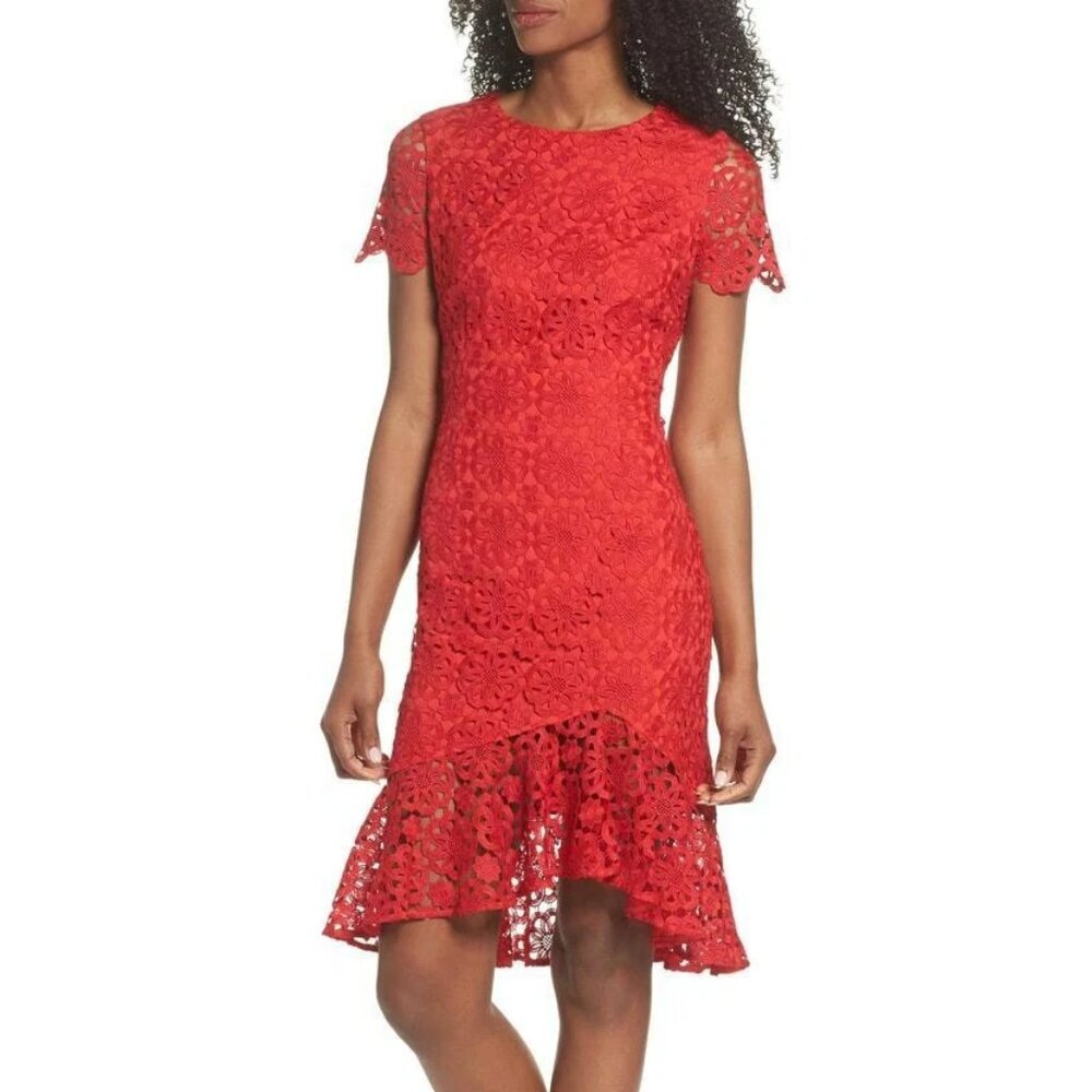 ELIZA J Asymmetrical Floral Lace Short-Sleeve High/Low Ruffle Hem Sheath Dress